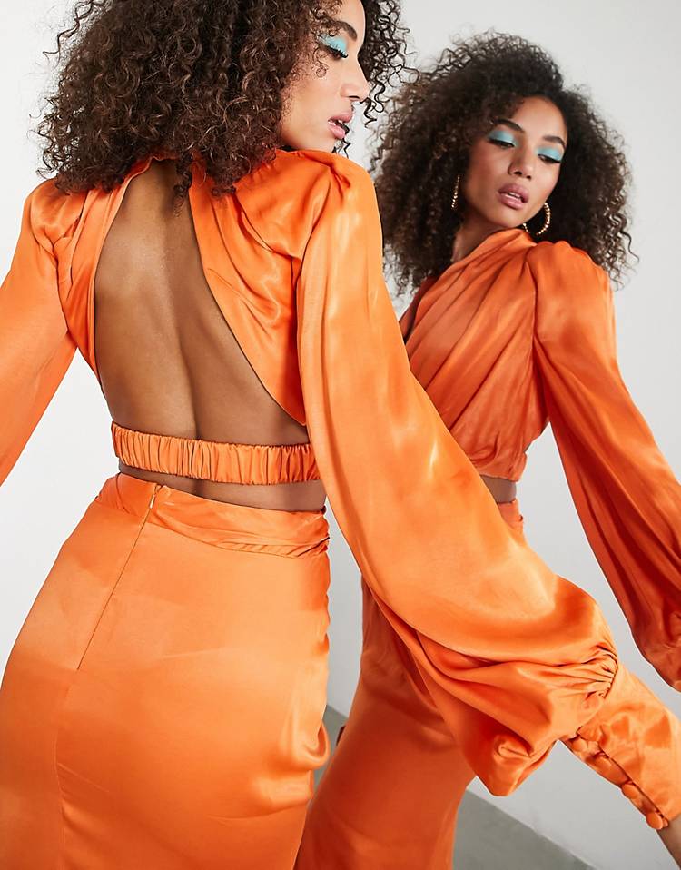 ASOS EDITION satin top & midi skirt in spicy orange - ORANGE